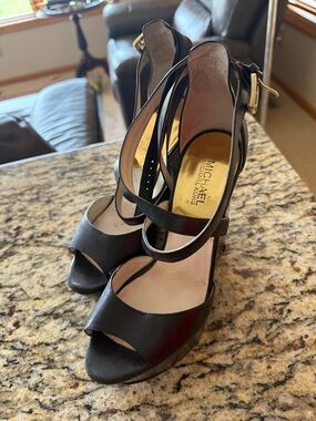 MICHAEL Michael Kors Black Leather Strappy Peep-Toe Heels